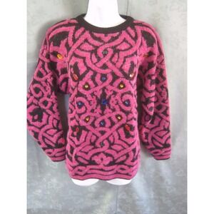 VTG Midnight Blues Slouch Sweater Size Small Textured Magenta Jewelled Oversized